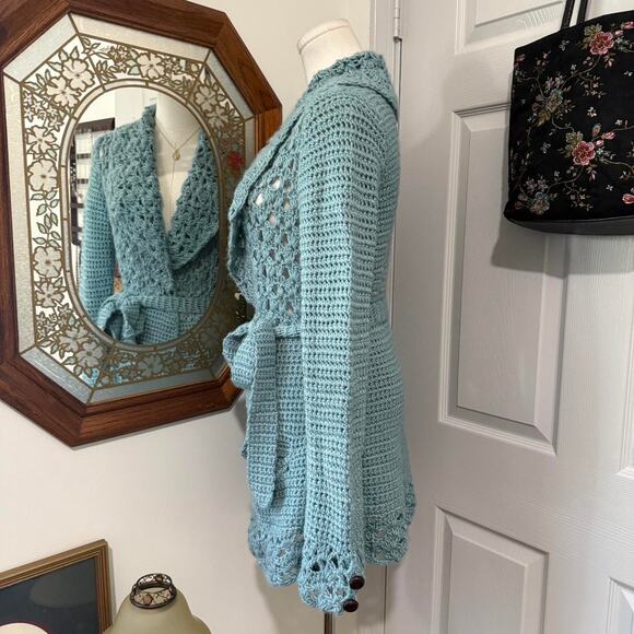 Kenji Handknit Aqua Blue Wool Blend Knitted Crochet Long Sleeve Cardigan Robe - Picture 3 of 7